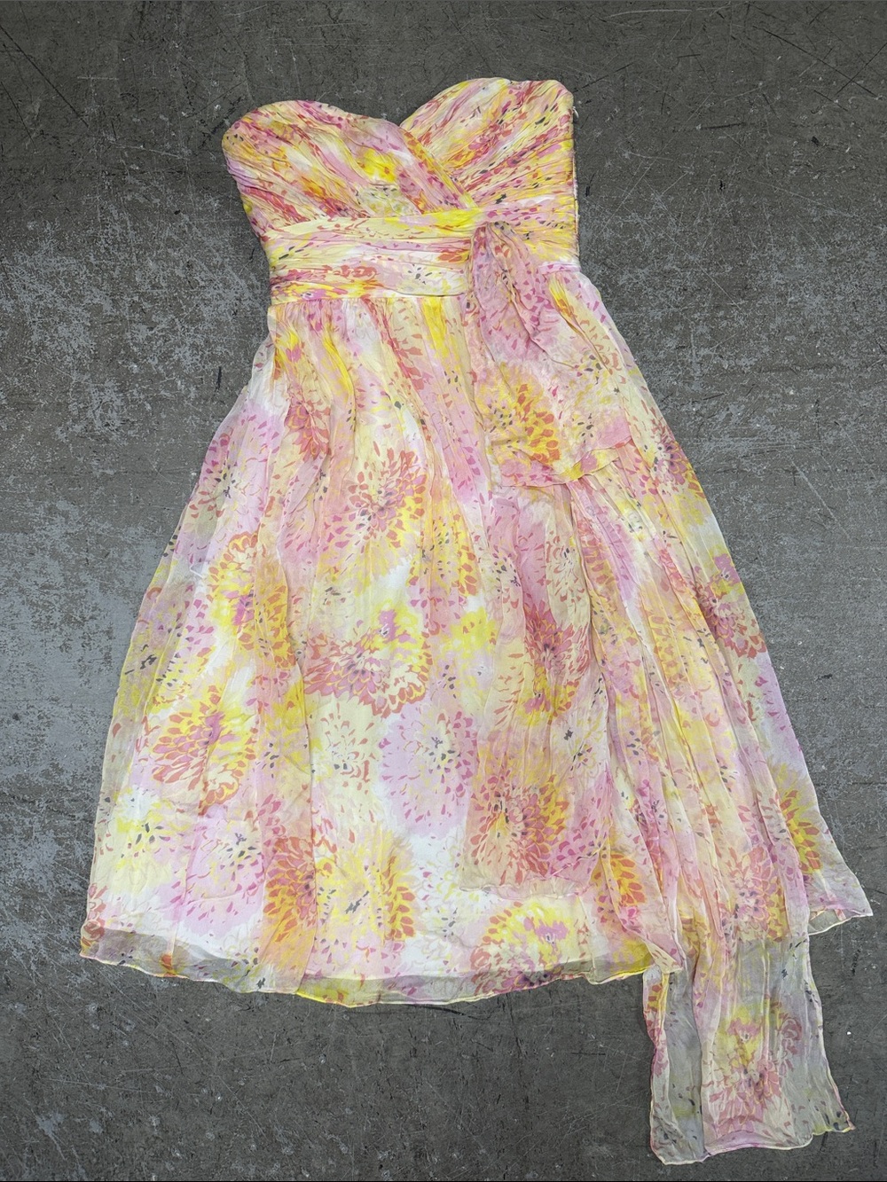 Marchesa Norte Sweet Strapless Floral silk Dress in Pastel Pink & Yellow